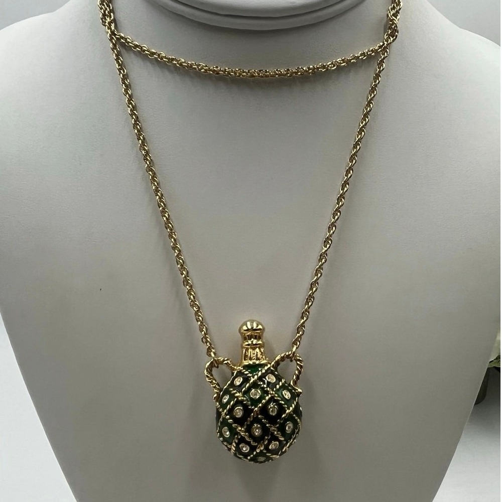 Avon Vintage Bejeweled Green Blue Enamel Rhinestones Jug Long Pendant Necklace